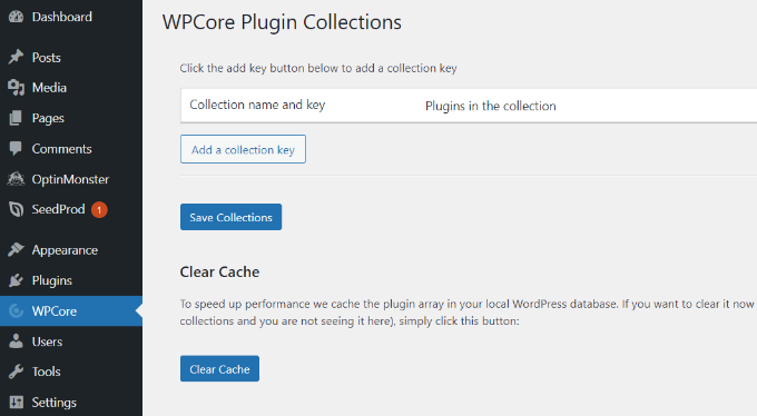Gå till WPCore i instrumentpanelen