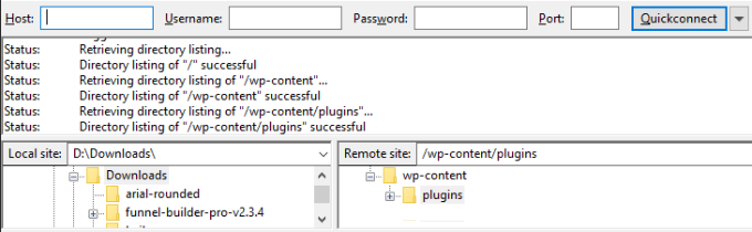 Lokal och fjärrplatssektion i FTP