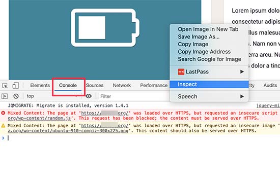 Console tool in Inspect view showing mixed content errors and warnings Console tool in Inspect view showing mixed content errors and warnings