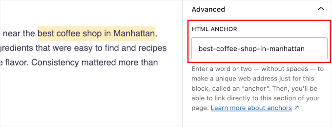 Adding an HTML anchor to a paragraph