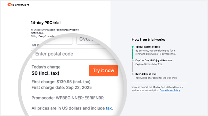 Semrush price summary and checkout