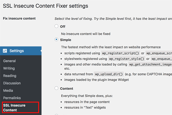 Secure Content Fixer plugin settings Secure Content Fixer plugin settings
