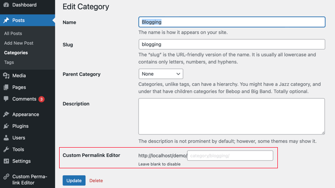 Editing a category details in WordPress Editing a category details in WordPress