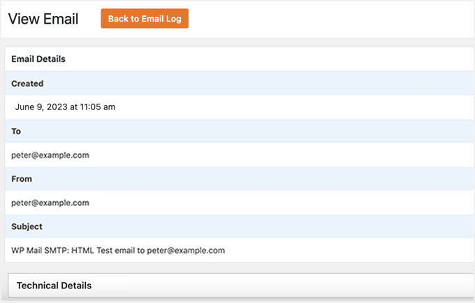 Email log entry Email log entry