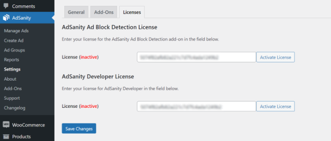 Enter AdSanity license key Enter AdSanity license key