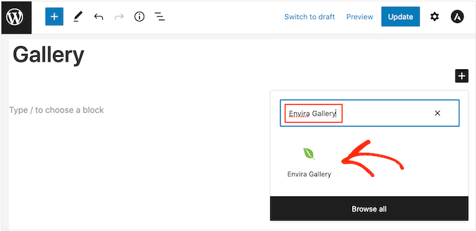 Add the Envira Gallery block to WordPress