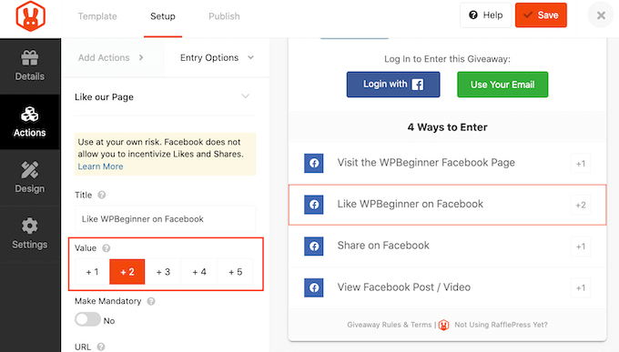 Changing the entry value for your Facebook contest Changing the entry value for your Facebook contest