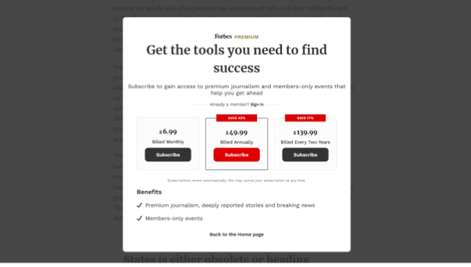 Paywall on the Washington Post website Forbes content locking popup