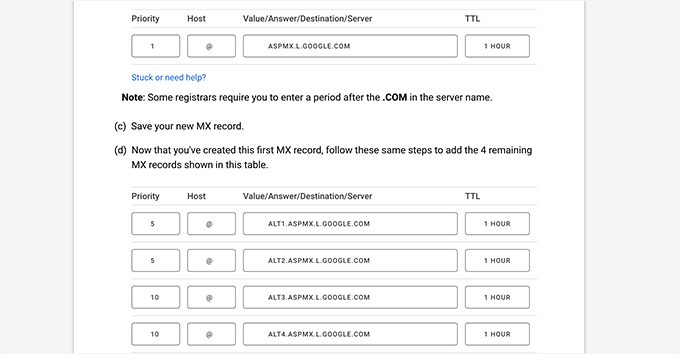Accesarea înregistrărilor MX ale Gmail