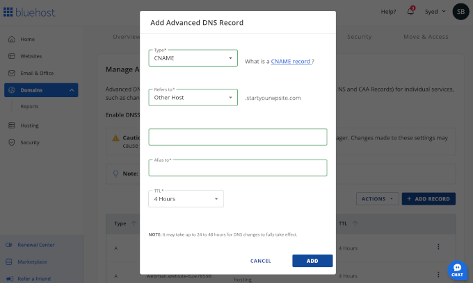 Adăugarea înregistrărilor CNAME în Bluehost