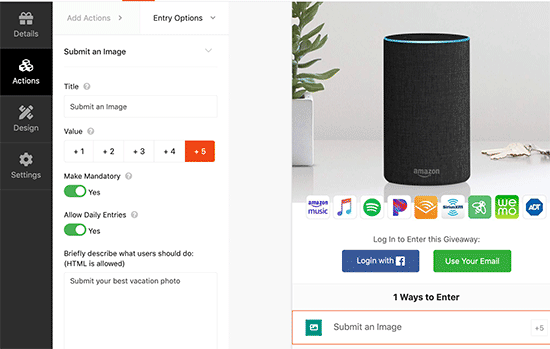 Impostazioni azione immagine Impostazioni azione immagine