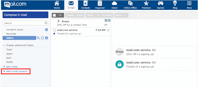 Adăugarea unui nou e-mail în Mail.com