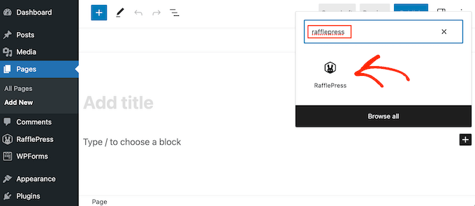 Aggiungere il blocco RafflePress a una pagina o a un post Aggiungere il blocco RafflePress a una pagina o a un post