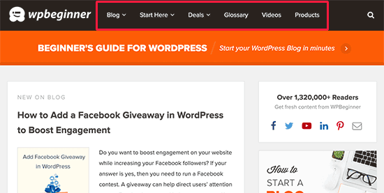 Typical navigation menu with a horizontal row of links Typical navigation menu with a horizontal row of links