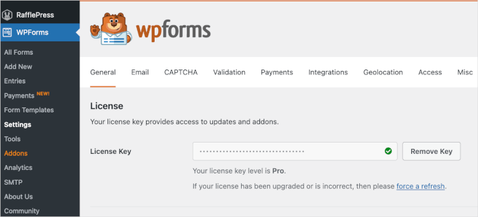 Enter WPForms license key Enter WPForms license key
