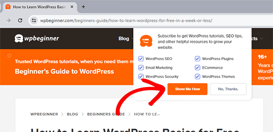 Notificações push da WPBeginner