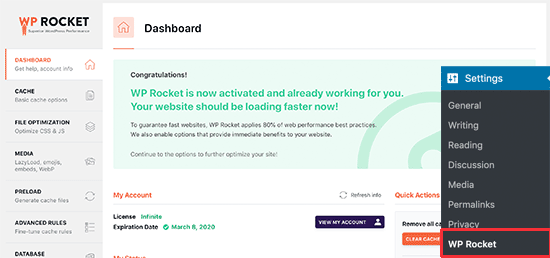 WP Rocket dashboard WP Rocket dashboard