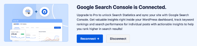 The "Google Search Console Is Connected" Confirmation Message in All in One SEO (AIOSEO)
