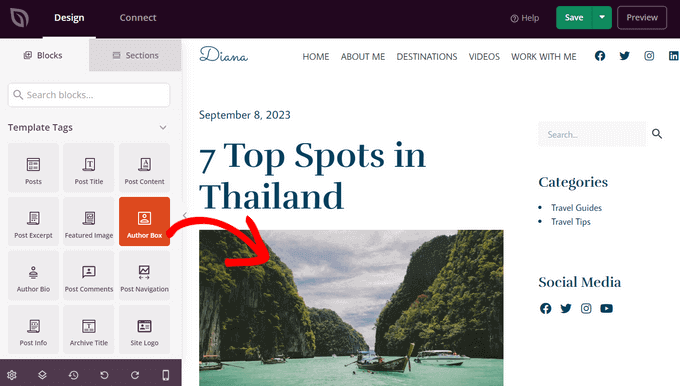 Arrastra y suelta el bloque Author Box en SeedProd