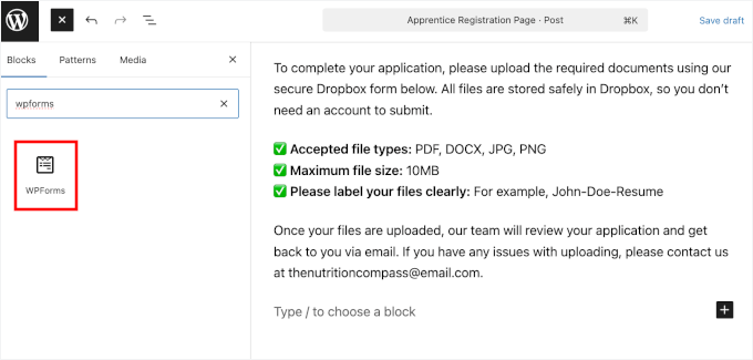 Adding the WPForms block Adding the WPForms block