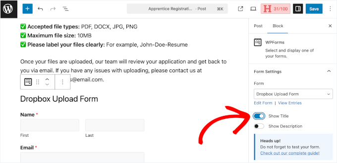 Showing Dropbox upload form title Showing Dropbox upload form title