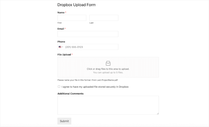 Dopbox upload form on a live site Dopbox upload form on a live site
