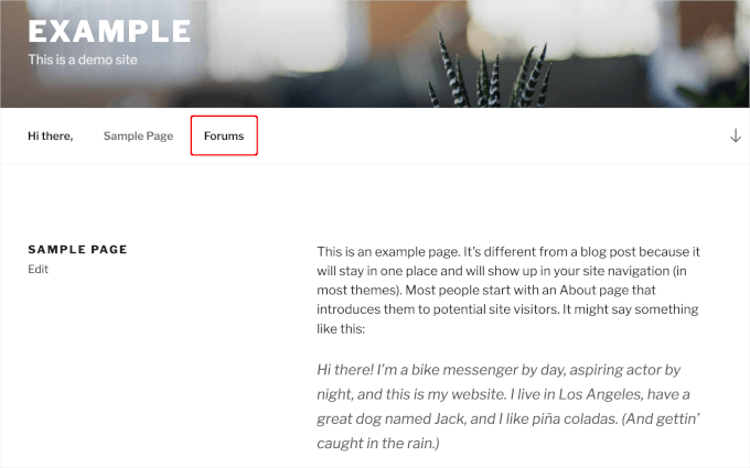 A WordPress menu with a forum link A WordPress menu with a forum link