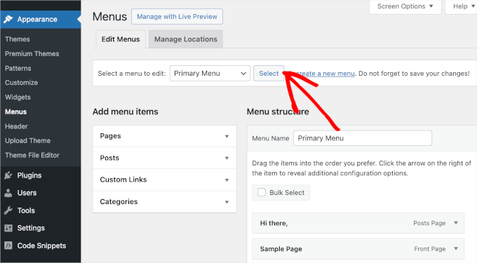 The WordPress menu settings The WordPress menu settings