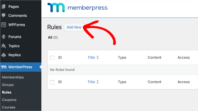 Navigating to MemberPress' rules area Navigating to MemberPress' rules area