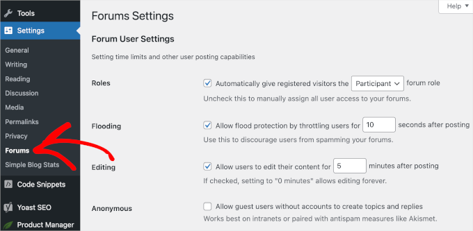 Forum settings page Forum settings page