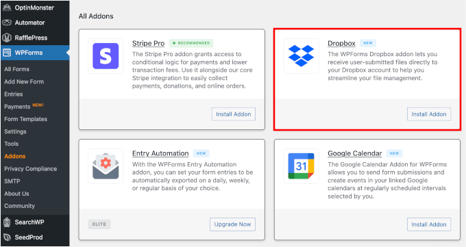 Installing WPForms' Dropbox addon Installing WPForms' Dropbox addon