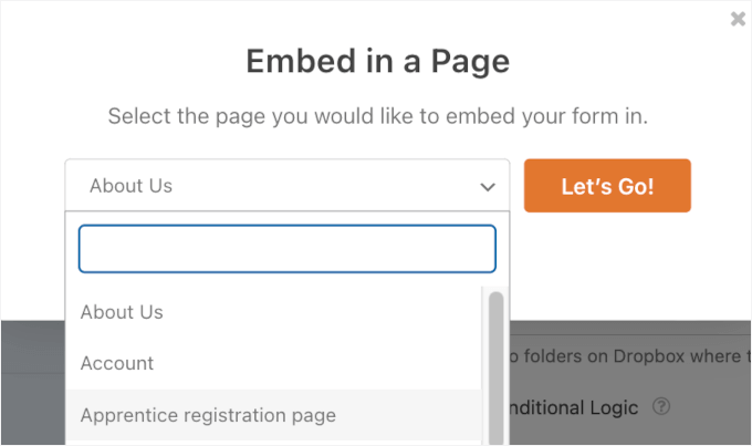 Choosing an existing page to embed form into Choosing an existing page to embed form into