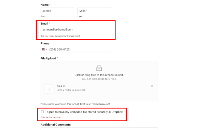 Testing the Dropbox form Testing the Dropbox form