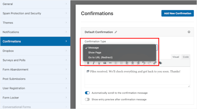 Setting up upload form confirmation Setting up upload form confirmation