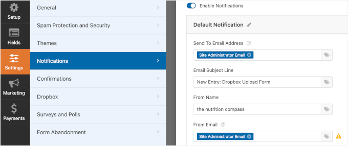 Setting up upload form notification Setting up upload form notification