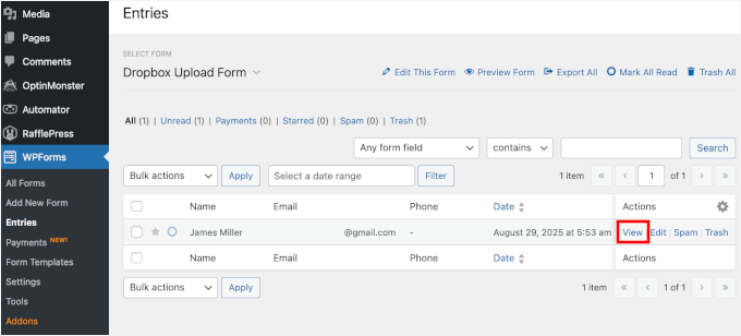 Viewing Dropbox form entries Viewing Dropbox form entries