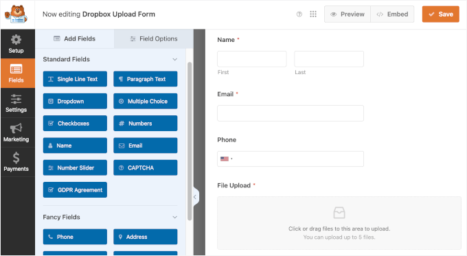 The File Upload Form template in WPForms drag and drop editor The File Upload Form template in WPForms drag and drop editor