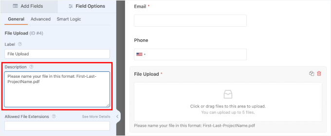 Adding a description for the file upload field Adding a description for the file upload field