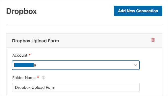wpforms-settings-dropbox-account-foldername Adding Dropbox account and folder name