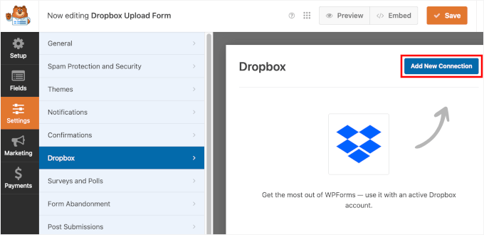 Add new Dropbox connection in WPForms Add new Dropbox connection in WPForms