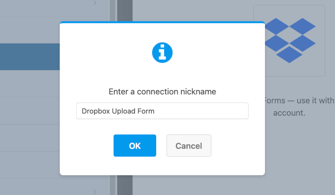 Entering Dropbox connection nickname Entering Dropbox connection nickname