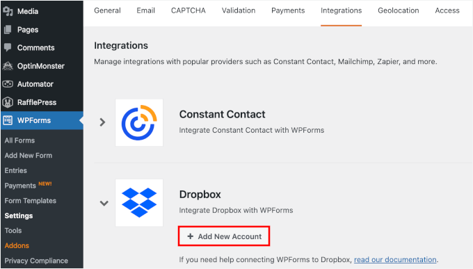 Adding a new Dropbox account in WPForms Adding a new Dropbox account in WPForms
