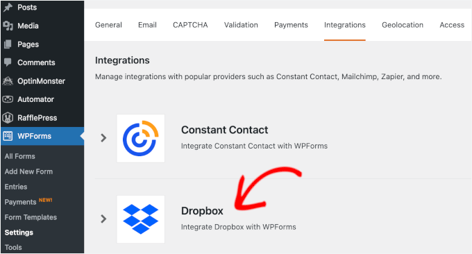 Integrating WPForms with Dropbox Integrating WPForms with Dropbox