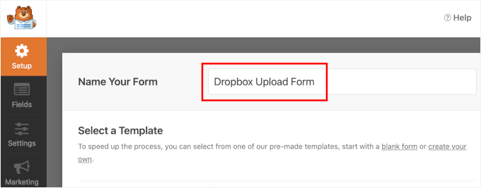 Naming the Dropbox upload form in WPForms-setup-name Naming the Dropbox upload form in WPForms