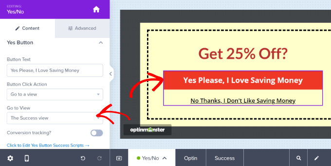 View or change the button action for your coupon popup Change the success view