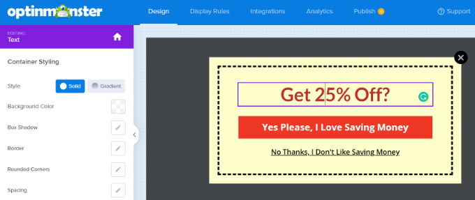 Editing the text for the popup coupon Edit the text and color of elements in the template