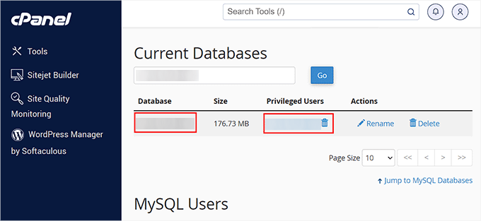 Find your database name and username in the Current Databases section Find your database name and username in the Current Databases section