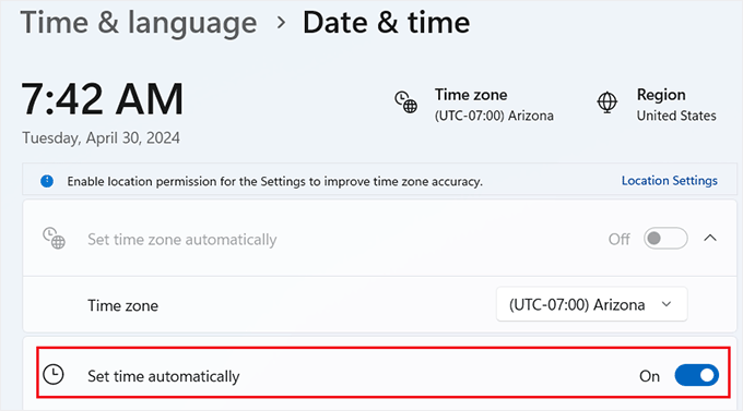 Set date and time in Windows