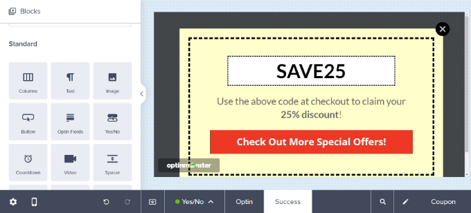 Viewing and editing the Success view, , with the default code SAVE25 Switch to the success view