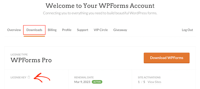 The WPForms license page